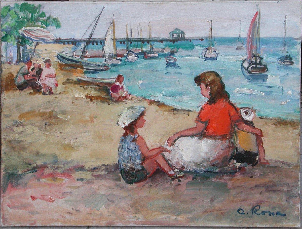 Bela Adalbert Rona  "bathers On The Beach" Oil On Canvas 50x61